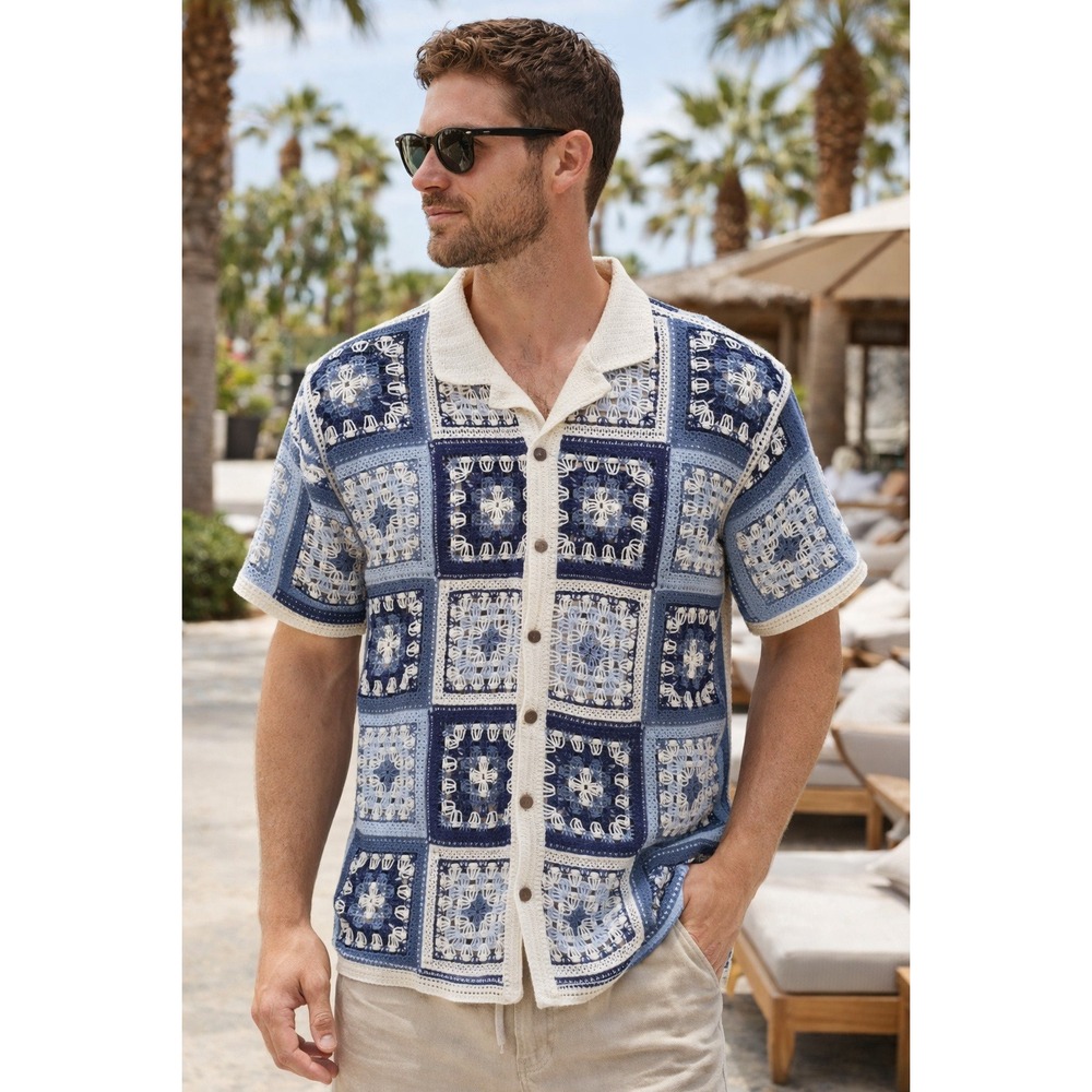 NWT Morse Code Navy Granny Square Open Crochet Resort Beach Vacation Shirt XL